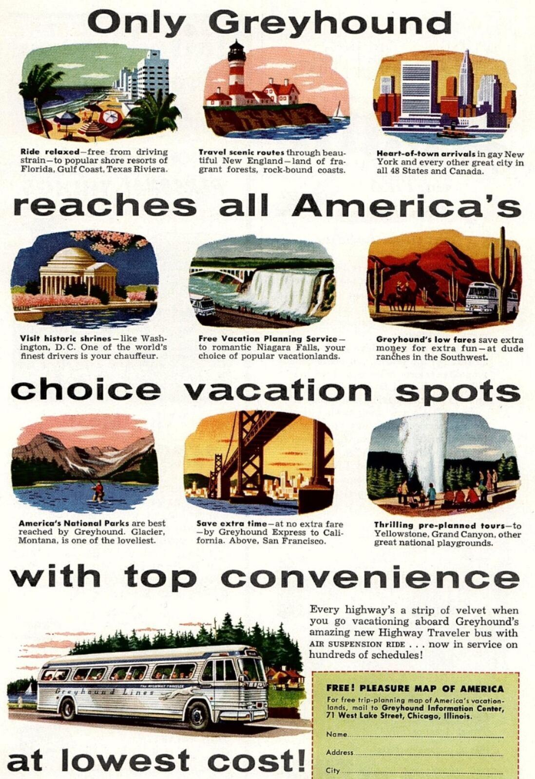 1940s GREYHOUND BUS LINES ONLY GREYHOUND REACHES AMERICA’S VACATION AD 27-23