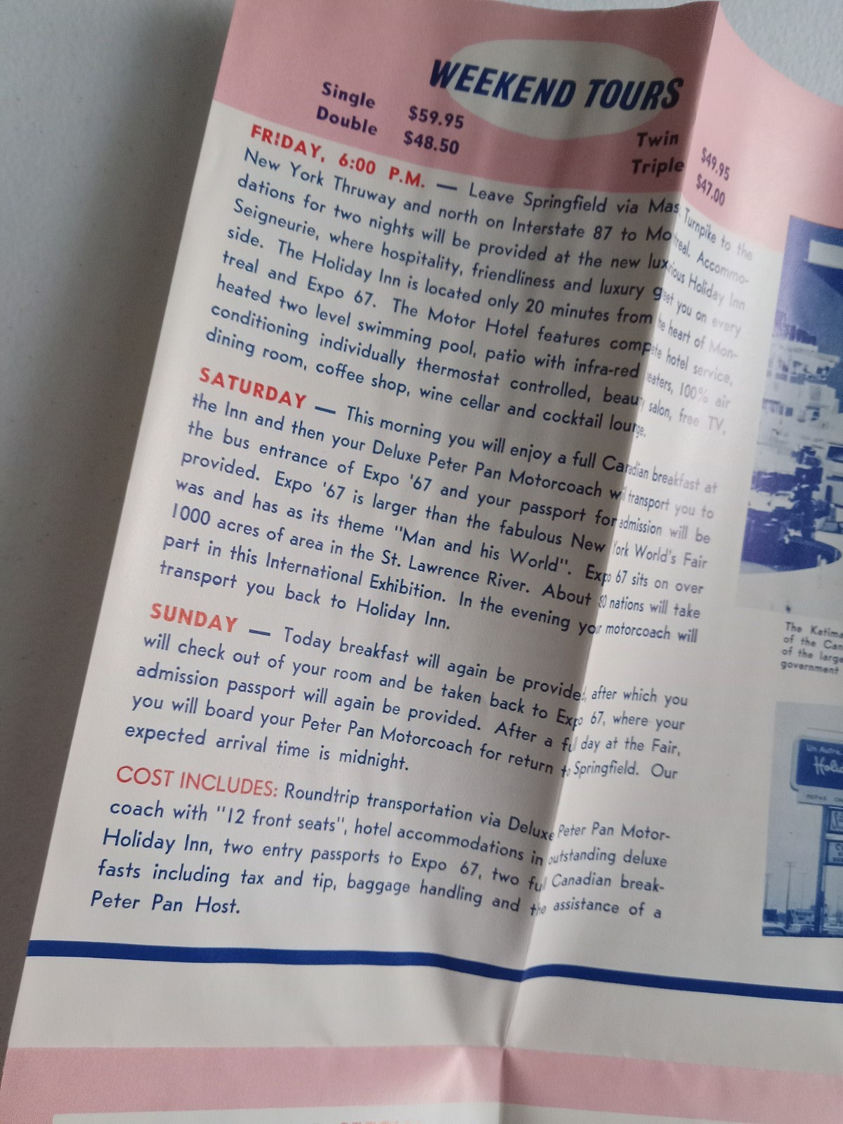 1967 Peter Pan Motor Coach Tours Springfield, MA Bus Brochure to Montreal Expo67