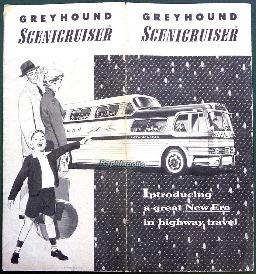 Campy Illustrated Fold-Out GREYHOUND SCENICRUISER Brochure ~ mid 1950s