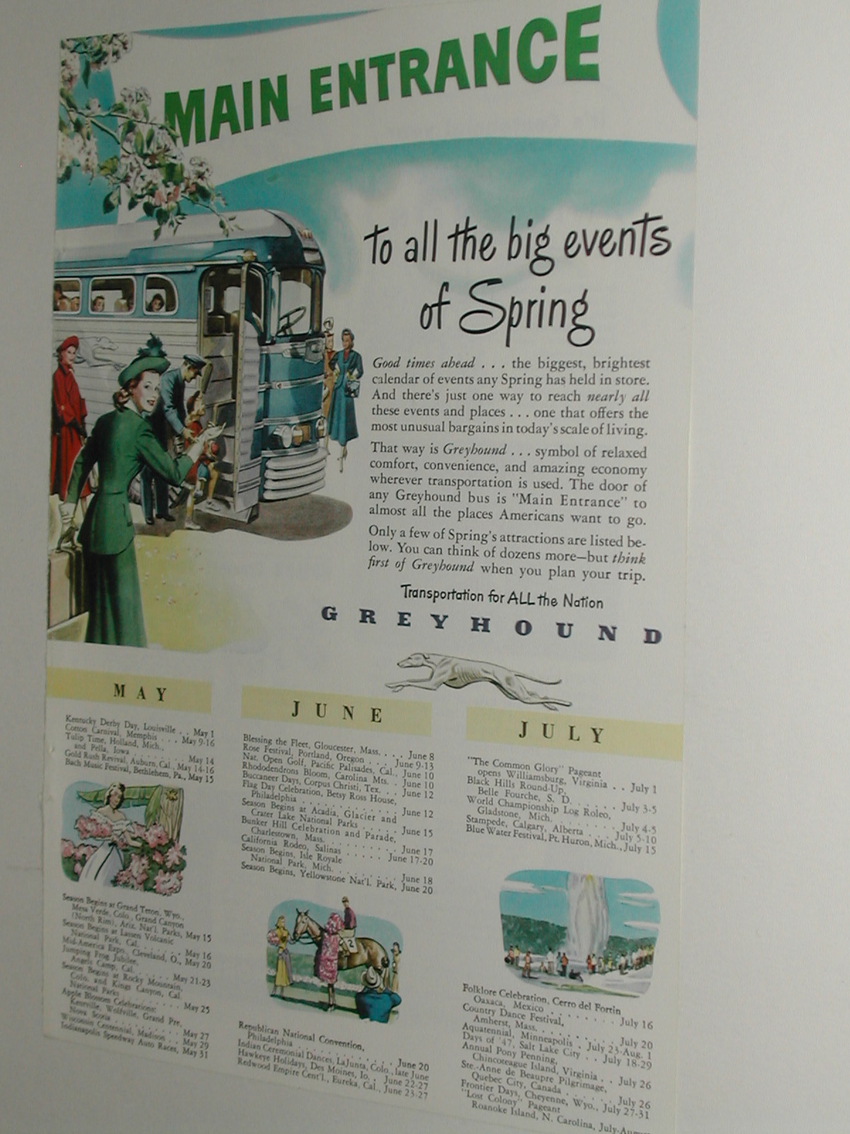 1948 GREYHOUND Bus advertisement, Spring Attractions blossoms