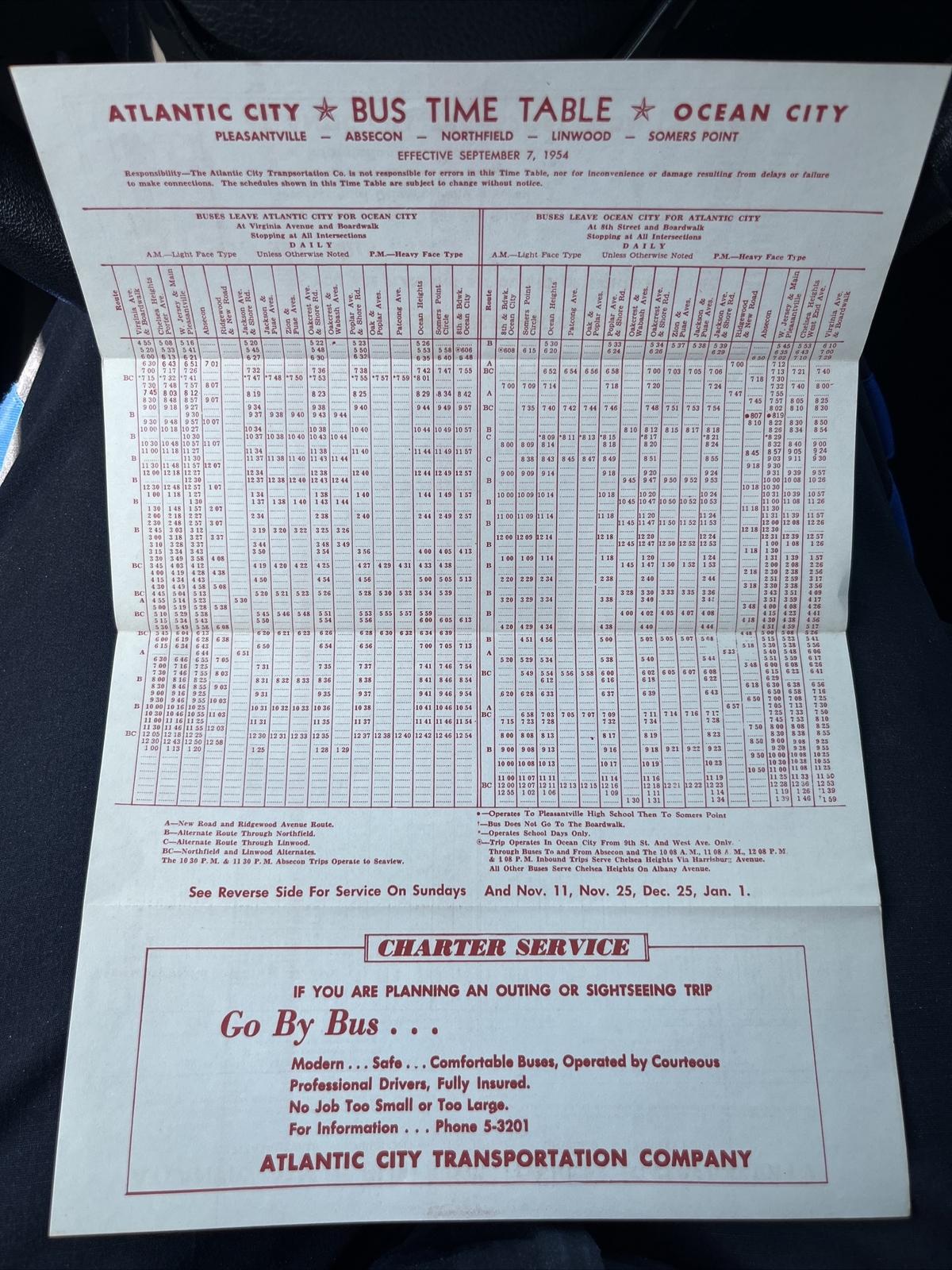 September 7, 1954 Atlantic City Transportation Company Bus Timetable Schedule