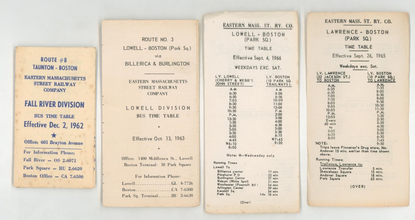 c.1960s Massachusetts Street Railway Lot Bus Timetables Fall River Boston Lowell