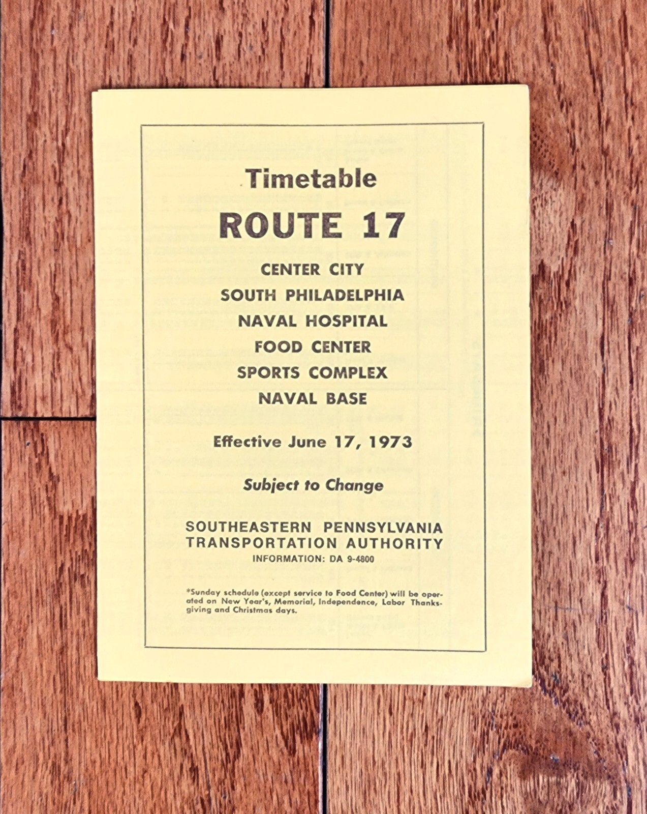1973 SEPTA BUS TIME TABLE ROUTE 17 PHILADELPHIA PA