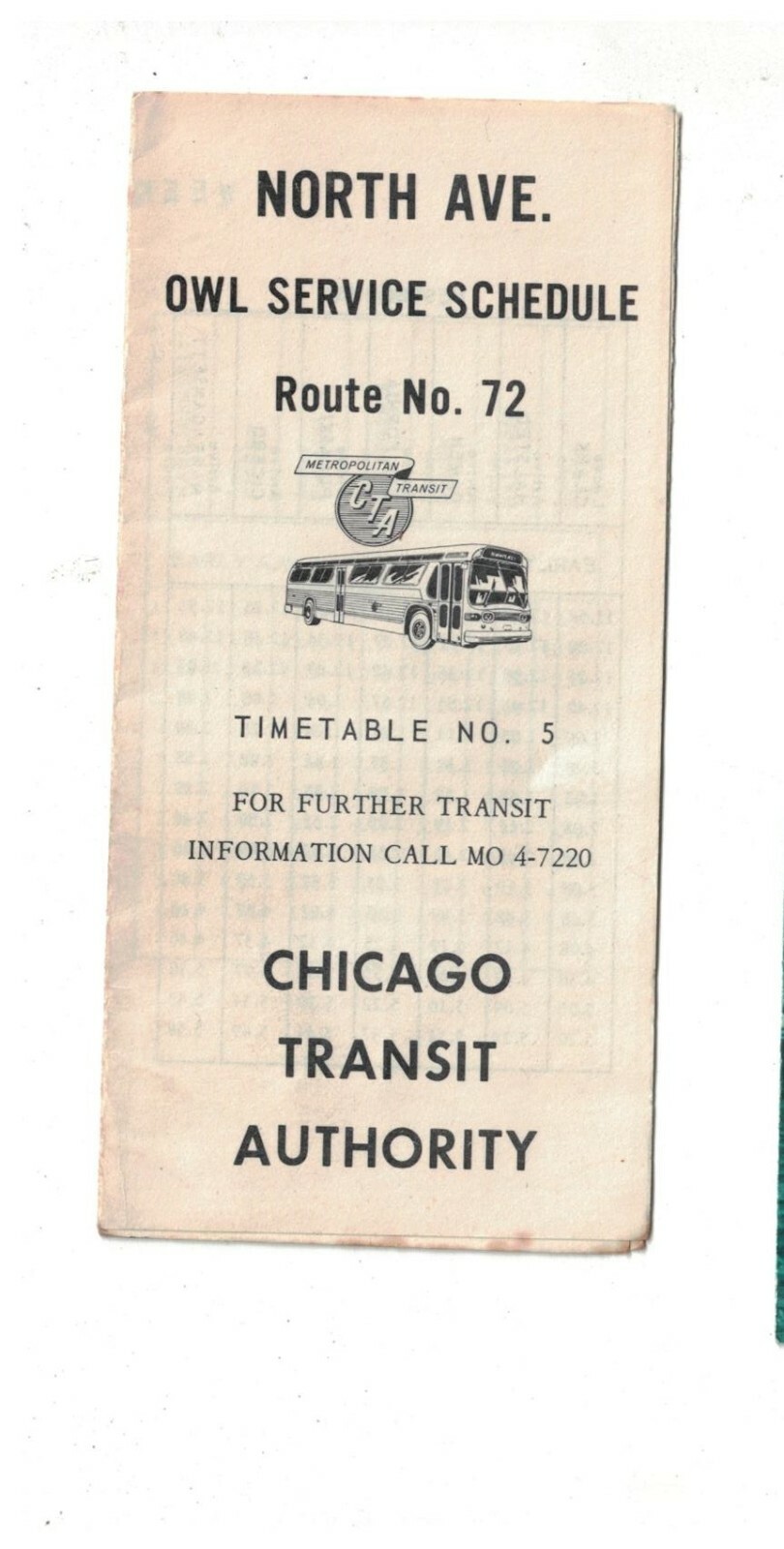 Vintage 1964 Chicago CTA Bus Schedule Route No. 72 Table No.5