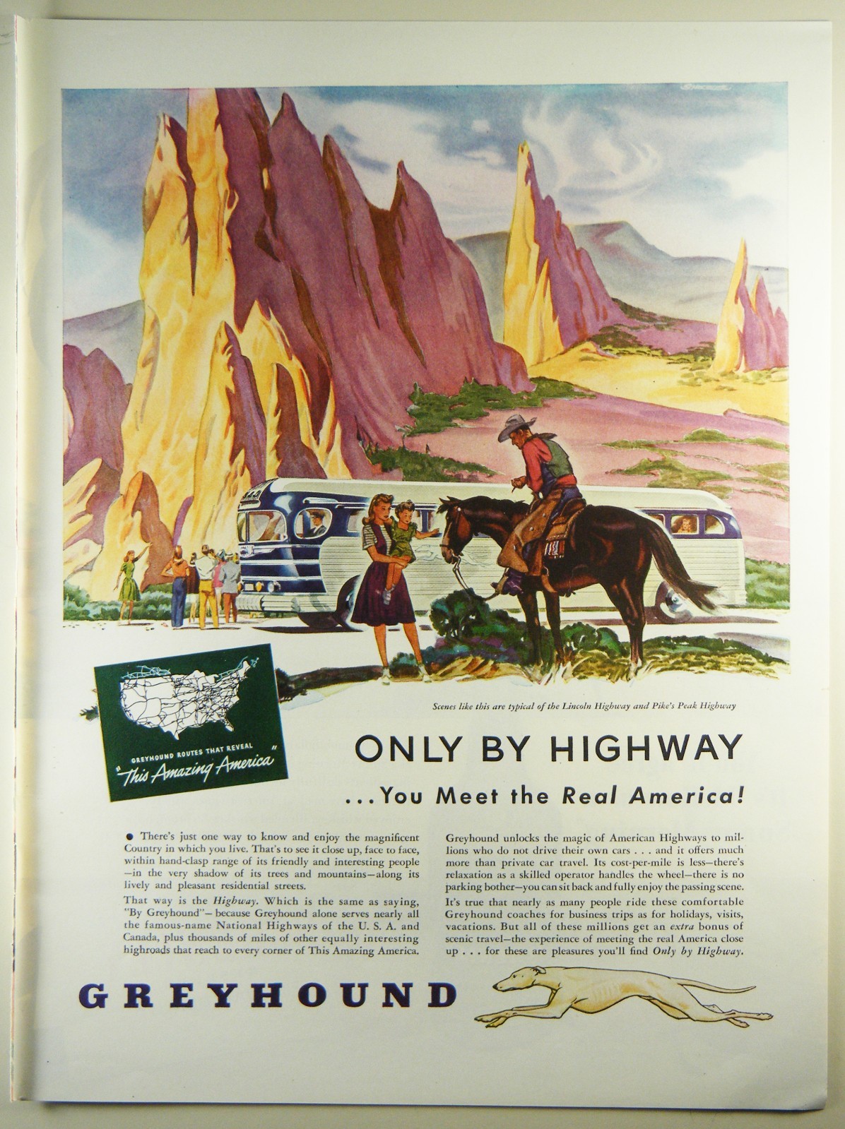 Vintage 1946 GREYHOUND BUS LINES Large Full Page Magazine Print Ad: PIKES PEAK