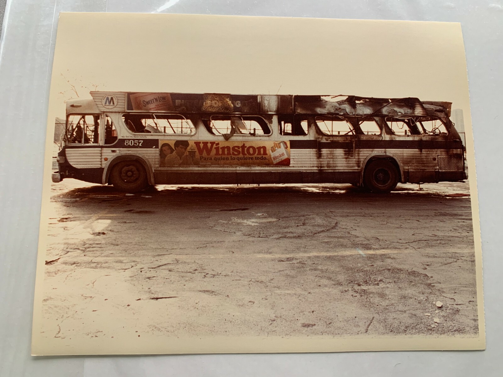 8X10 NY NYC BUS SWEET LOW WINSTON CIGARETTES ADVERTISING FIRE DAMAGE PHOTOGRAPH