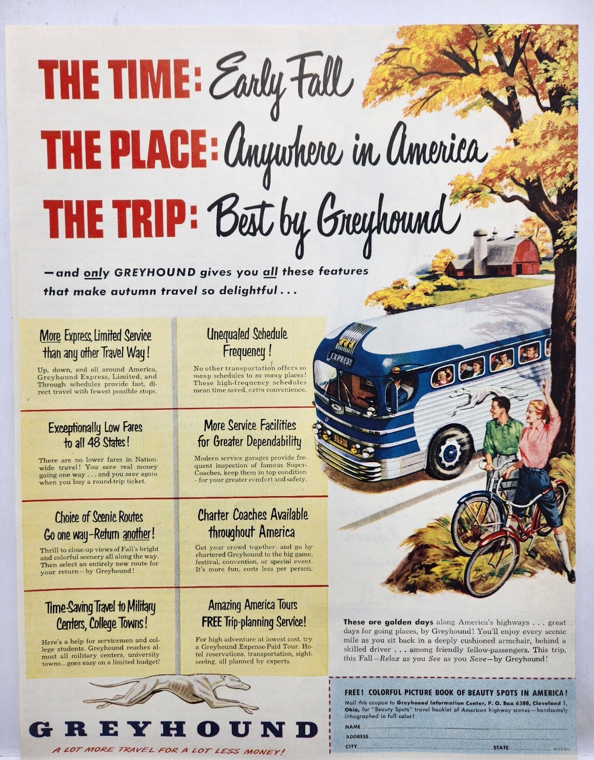 1951 Greyhound Bus MCM Original Print Ad Life Magazine 50’s Cleveland OH