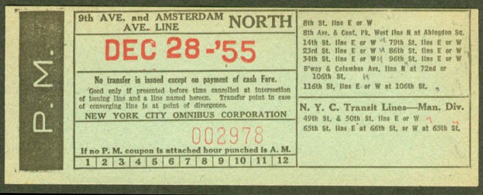 New York Ciy Omnibus 9th & Amsterdam Line transfer 1955